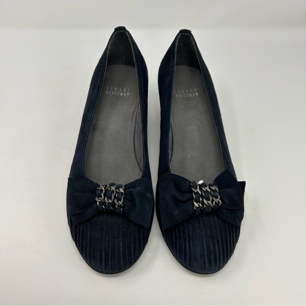 Stuart Weitzman Navy Blue Leather Wedges Size 8 ** with Ribbon Chain Toe Detail - Picture 5 of 14